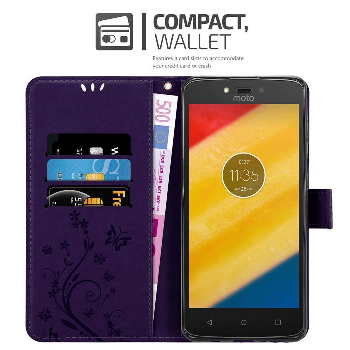 Cadorabo Hülle für Motorola MOTO C PLUS Schutz Hülle in Lila Schutzhülle Handy Hülle Etui Case Blumen Flower