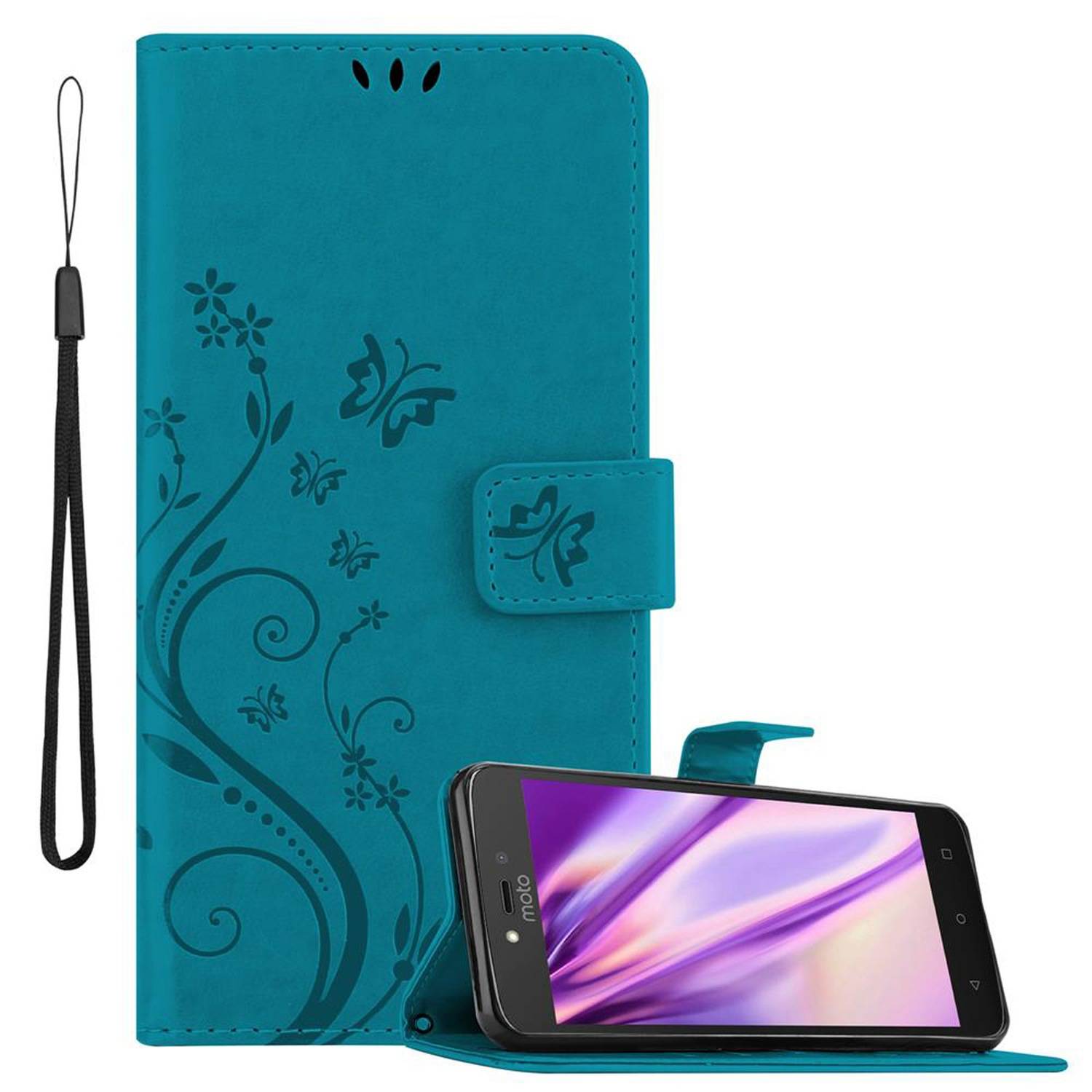 Cadorabo Hülle für Motorola MOTO C PLUS Schutz Hülle in Blau Schutzhülle Handy Hülle Etui Case Blumen Flower