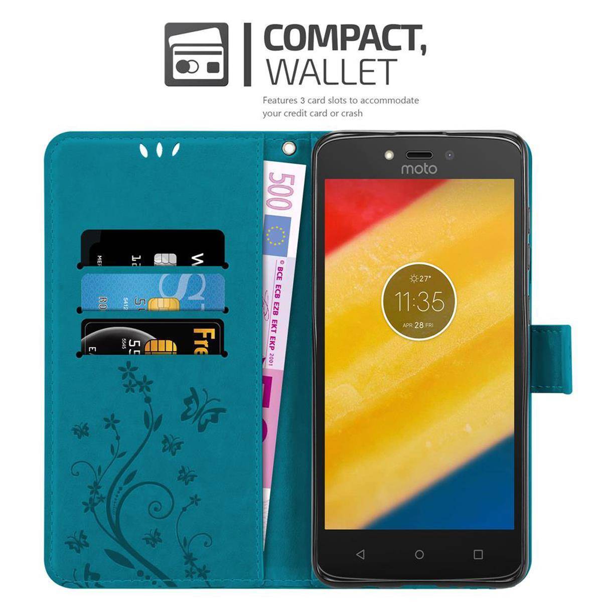 Cadorabo Hülle für Motorola MOTO C PLUS Schutz Hülle in Blau Schutzhülle Handy Hülle Etui Case Blumen Flower