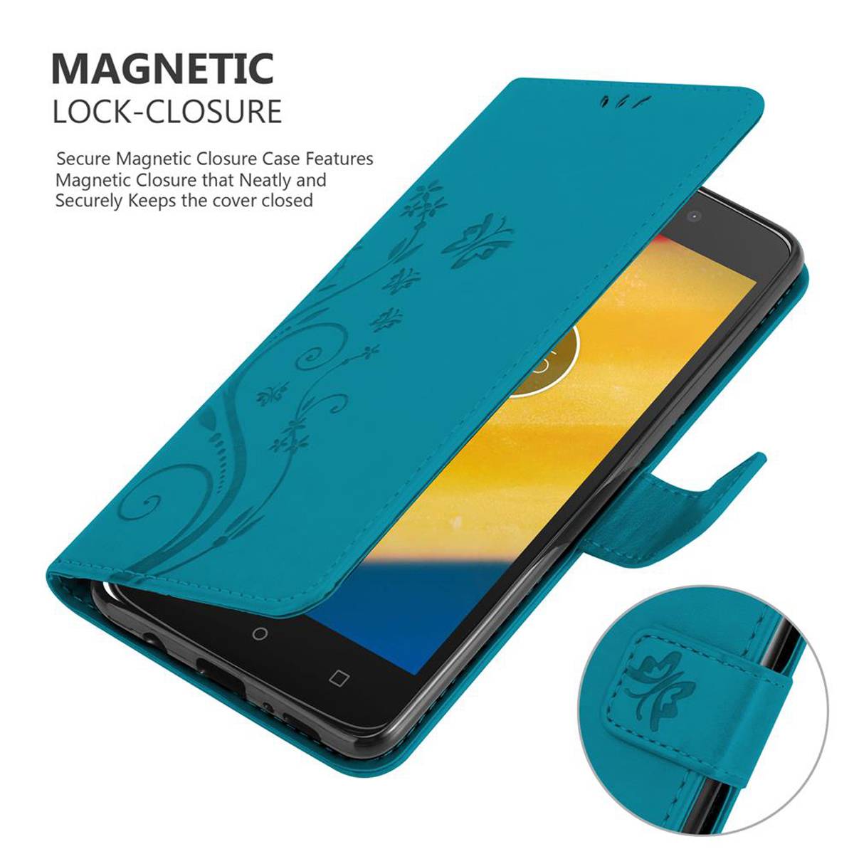 Cadorabo Hülle für Motorola MOTO C PLUS Schutz Hülle in Blau Schutzhülle Handy Hülle Etui Case Blumen Flower