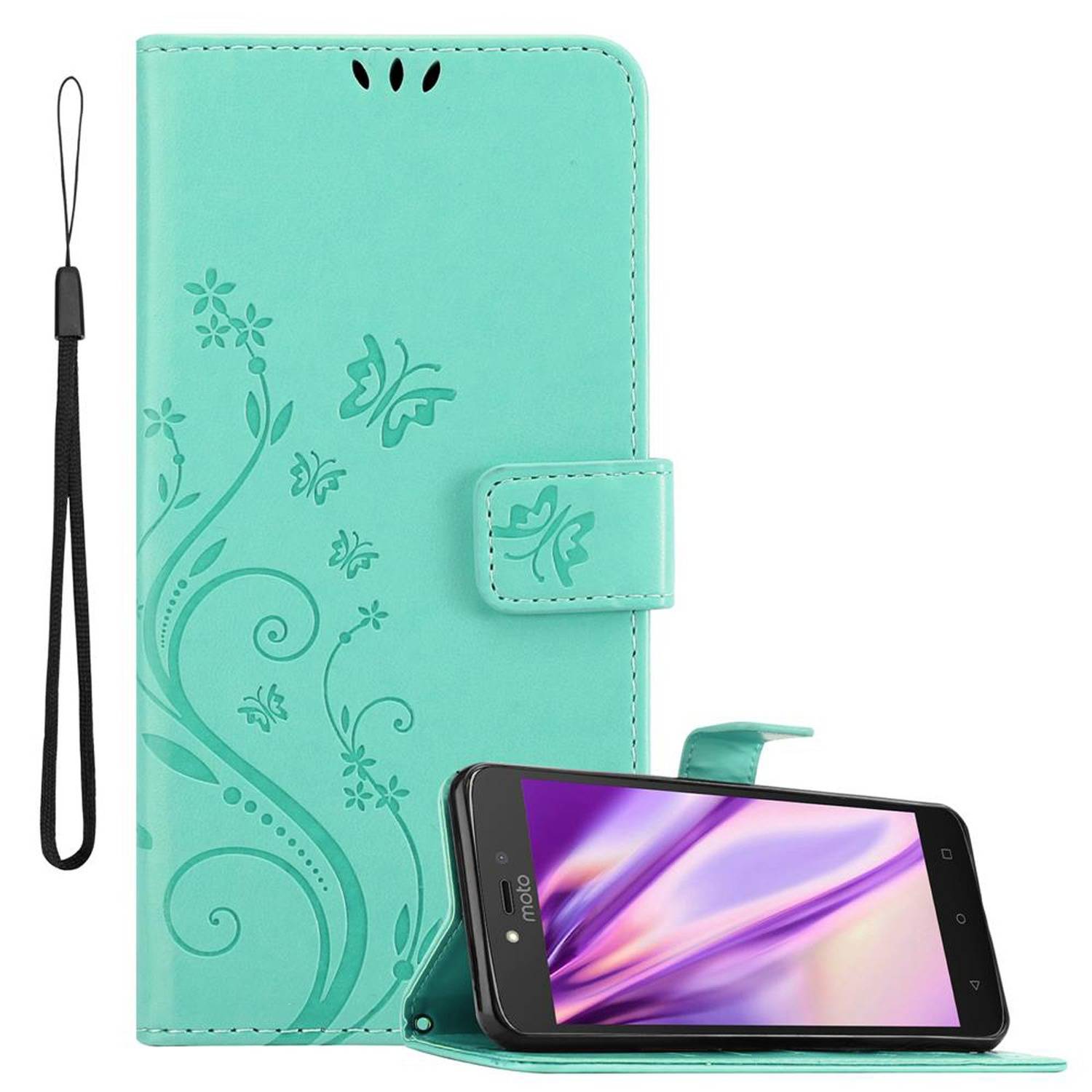 Cadorabo Hülle für Motorola MOTO C PLUS Schutz Hülle in Türkis Schutzhülle Handy Hülle Etui Case Blumen Flower
