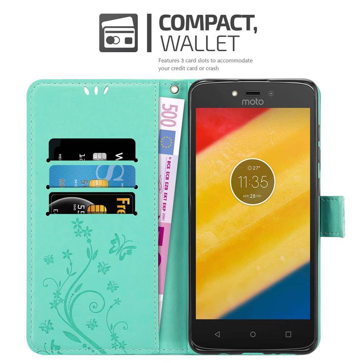 Cadorabo Hülle für Motorola MOTO C PLUS Schutz Hülle in Türkis Schutzhülle Handy Hülle Etui Case Blumen Flower