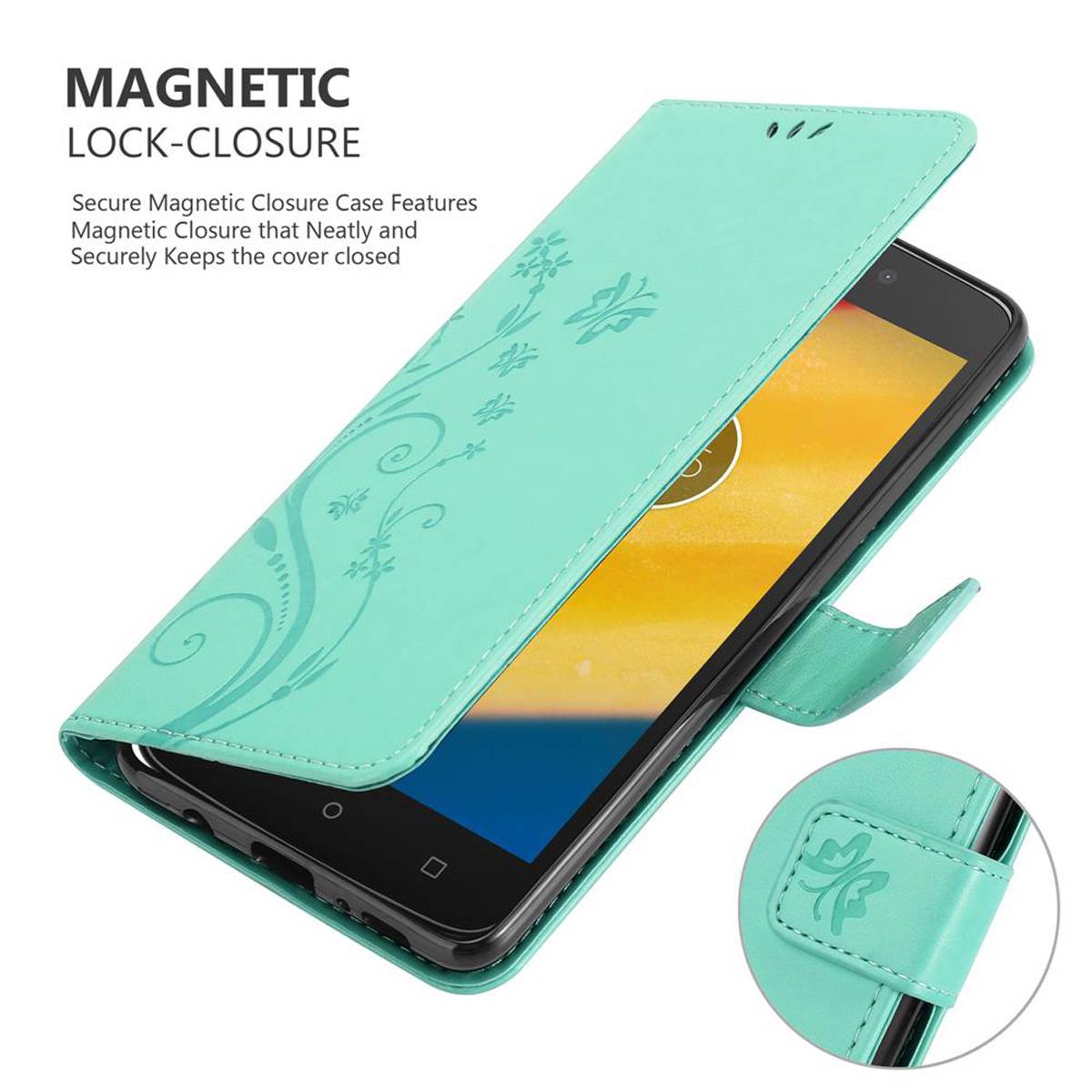 Cadorabo Hülle für Motorola MOTO C PLUS Schutz Hülle in Türkis Schutzhülle Handy Hülle Etui Case Blumen Flower