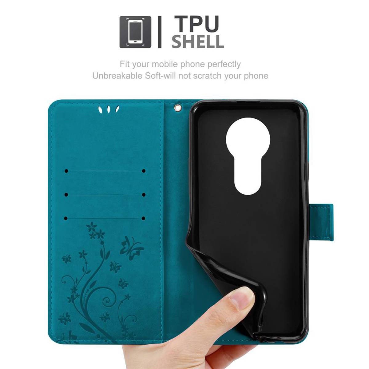 Cadorabo Hülle für Motorola MOTO E5 PLUS Schutz Hülle in Blau Schutzhülle Handy Hülle Etui Case Blumen Flower