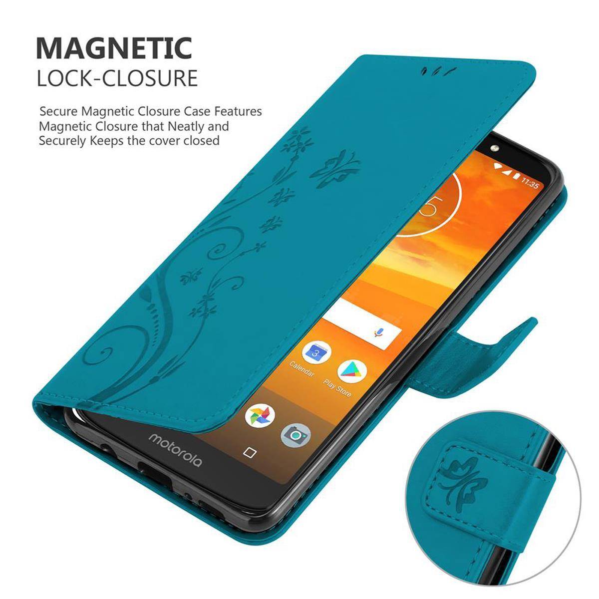 Cadorabo Hülle für Motorola MOTO E5 PLUS Schutz Hülle in Blau Schutzhülle Handy Hülle Etui Case Blumen Flower