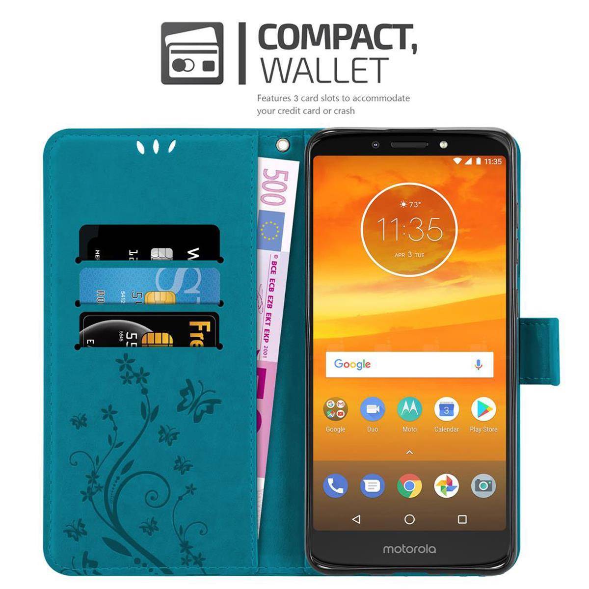 Cadorabo Hülle für Motorola MOTO E5 PLUS Schutz Hülle in Blau Schutzhülle Handy Hülle Etui Case Blumen Flower