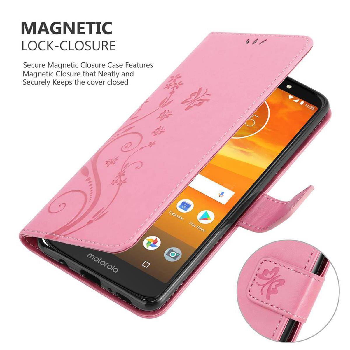 Cadorabo Hülle für Motorola MOTO E5 PLUS Schutz Hülle in Rosa Schutzhülle Handy Hülle Etui Case Blumen Flower