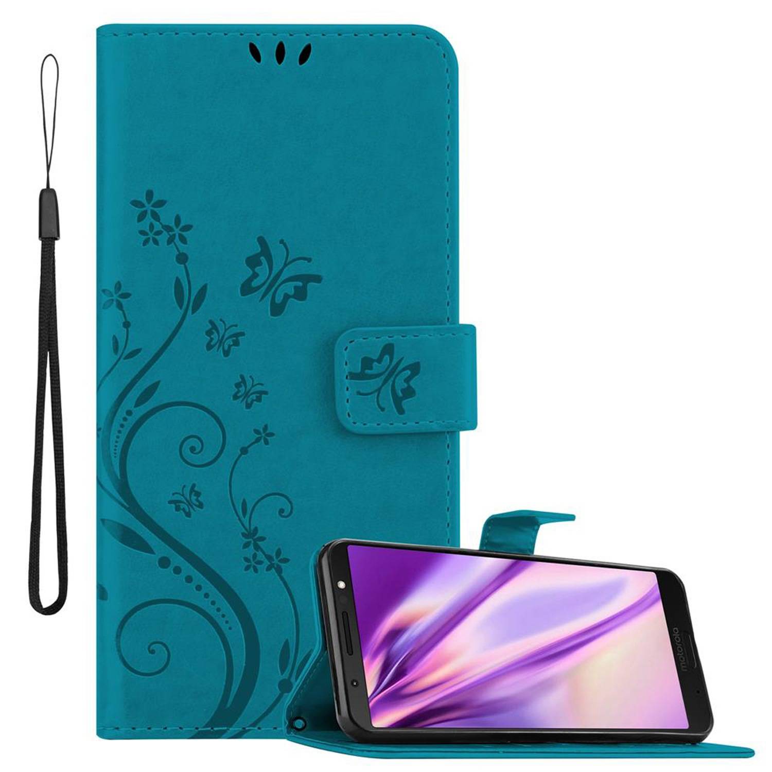Cadorabo Hülle für Motorola MOTO G6 PLUS Schutz Hülle in Blau Schutzhülle Handy Hülle Etui Case Blumen Flower
