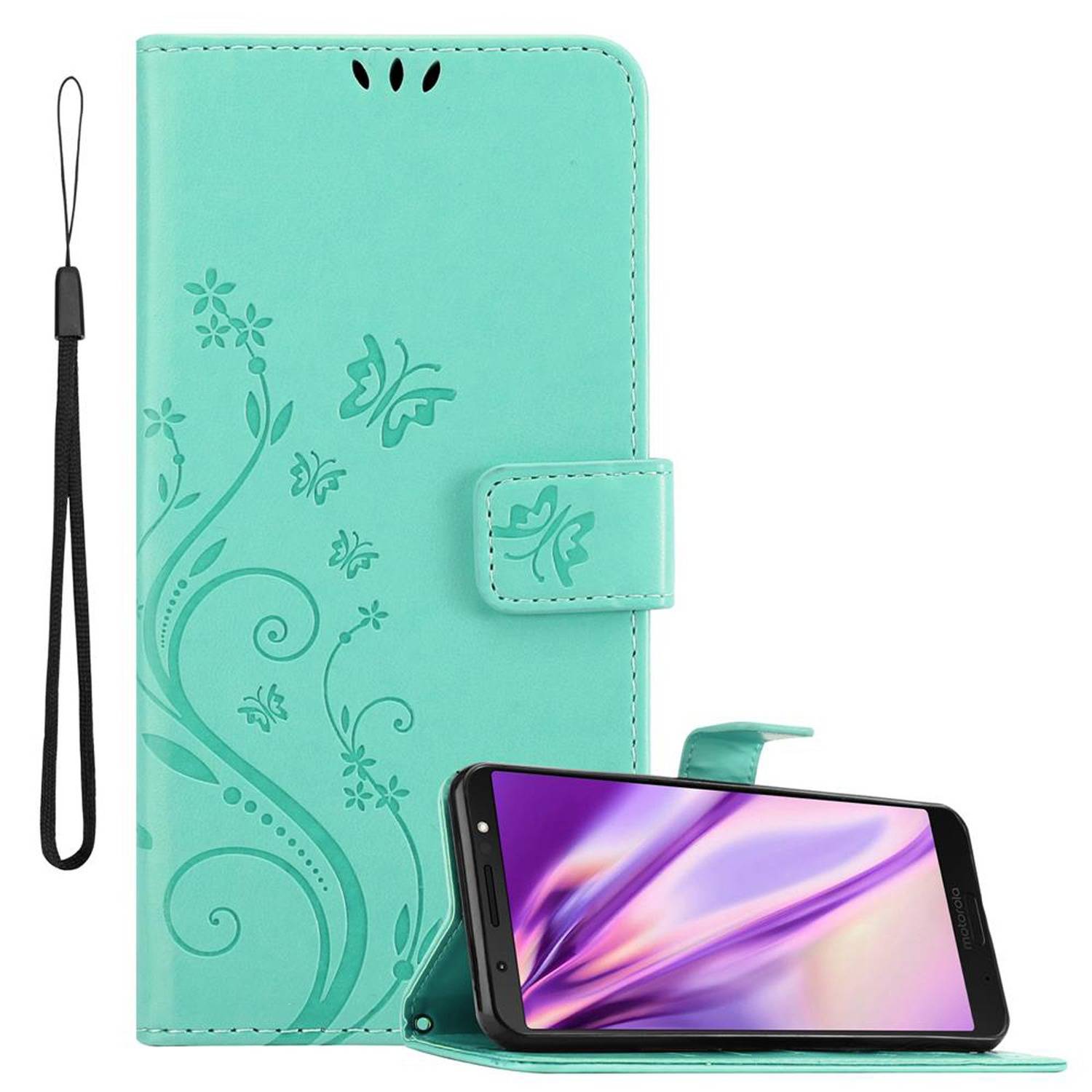 Cadorabo Hülle für Motorola MOTO G6 PLUS Schutz Hülle in Türkis Schutzhülle Handy Hülle Etui Case Blumen Flower