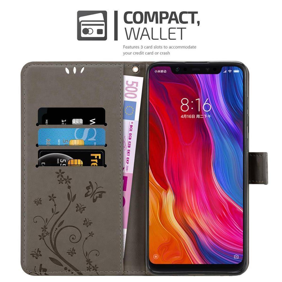 Cadorabo Hülle für Xiaomi Mi 8 Schutz Hülle in Grau Schutzhülle Handy Hülle Etui Case Blumen Flower