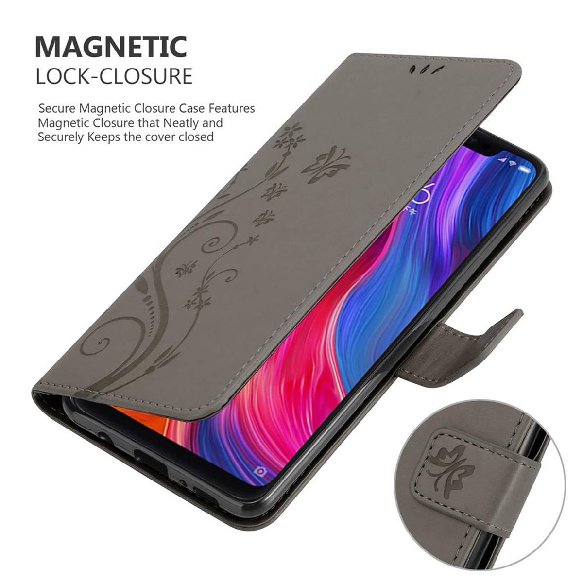 Cadorabo Hülle für Xiaomi Mi 8 Schutz Hülle in Grau Schutzhülle Handy Hülle Etui Case Blumen Flower