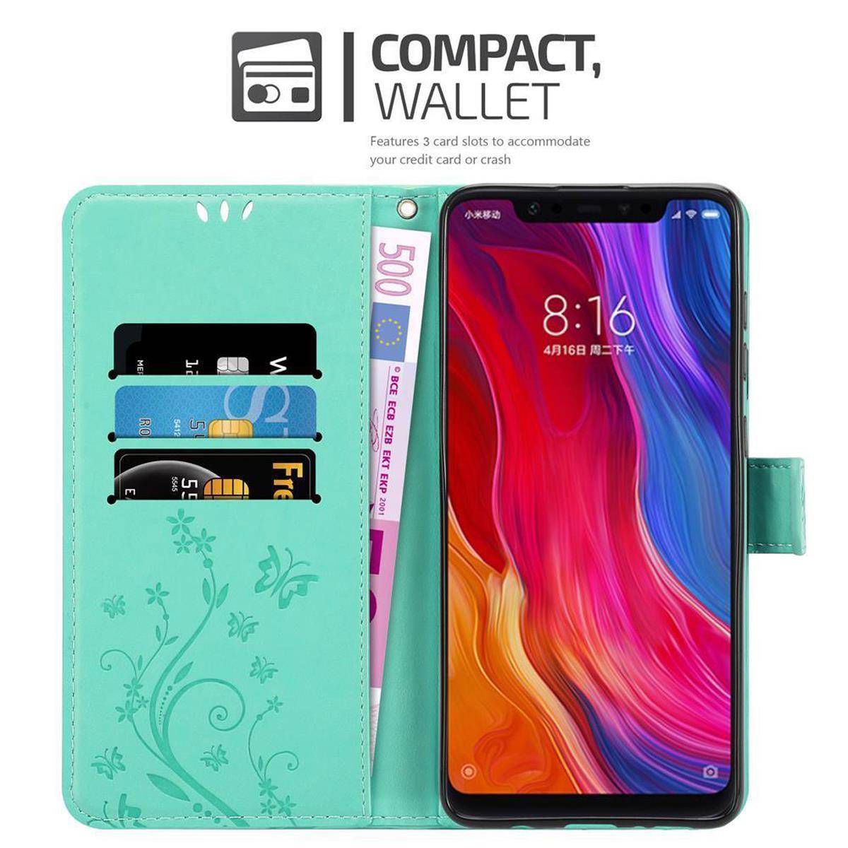 Cadorabo Hülle für Xiaomi Mi 8 Schutz Hülle in Türkis Schutzhülle Handy Hülle Etui Case Blumen Flower