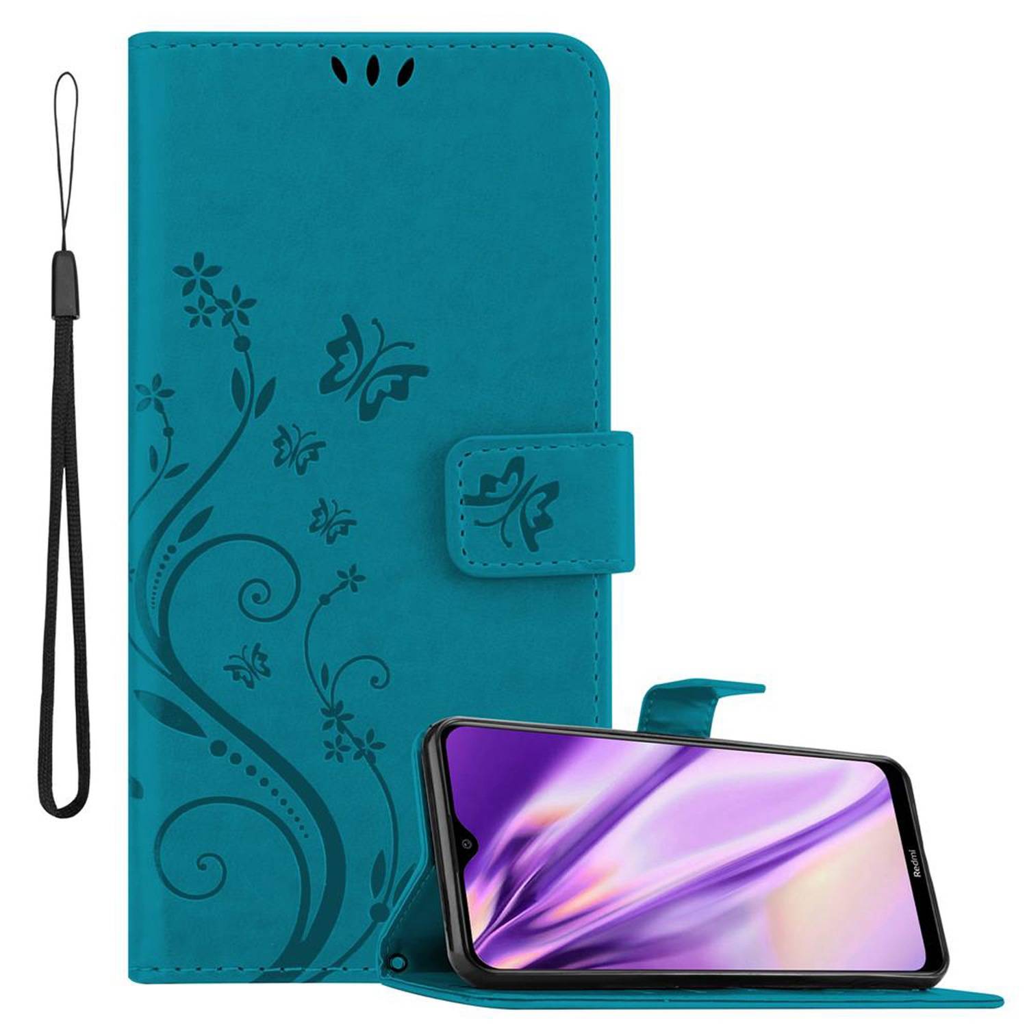 Cadorabo Hülle für Xiaomi RedMi 8A Schutz Hülle in Blau Schutzhülle Handy Hülle Etui Case Blumen Flower