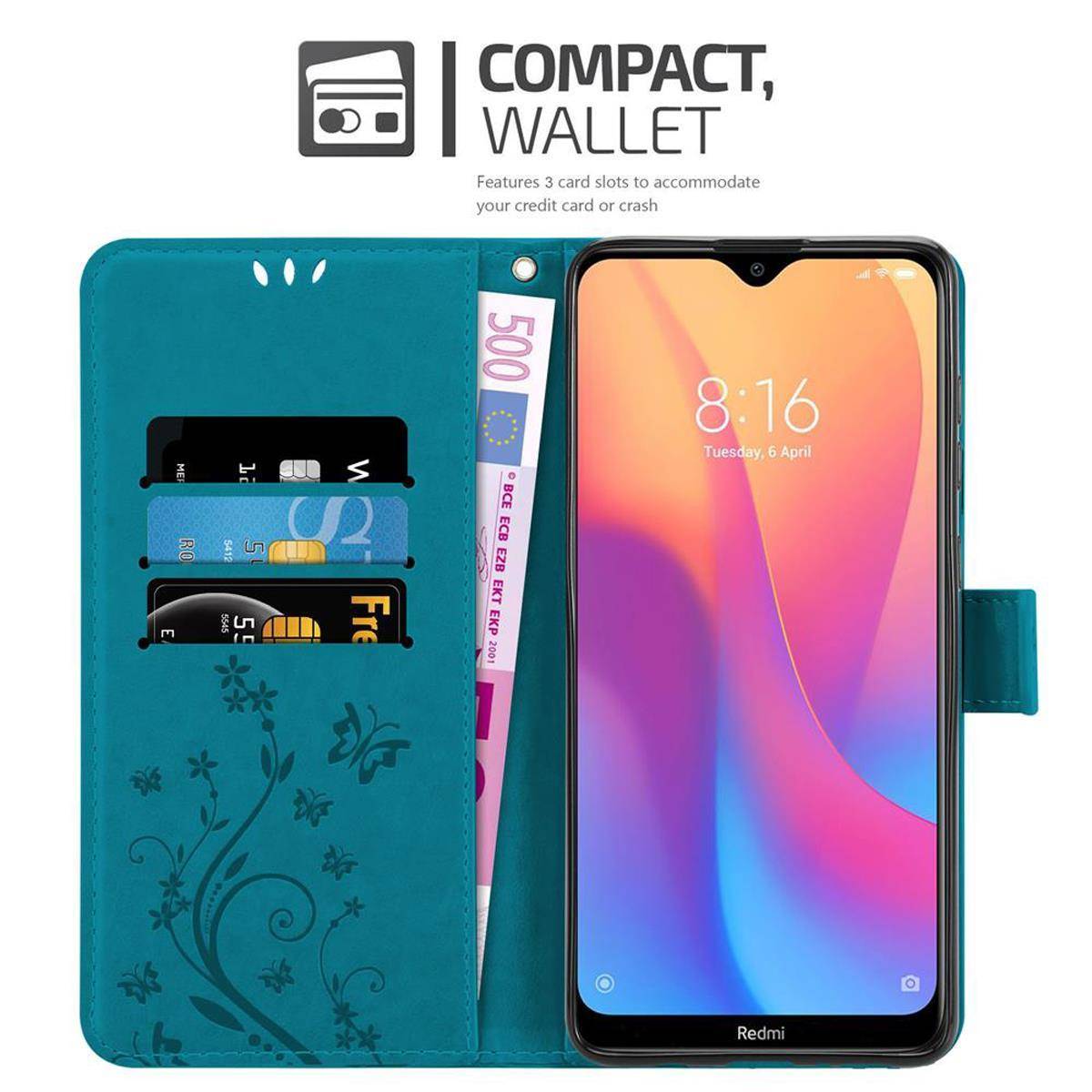 Cadorabo Hülle für Xiaomi RedMi 8A Schutz Hülle in Blau Schutzhülle Handy Hülle Etui Case Blumen Flower