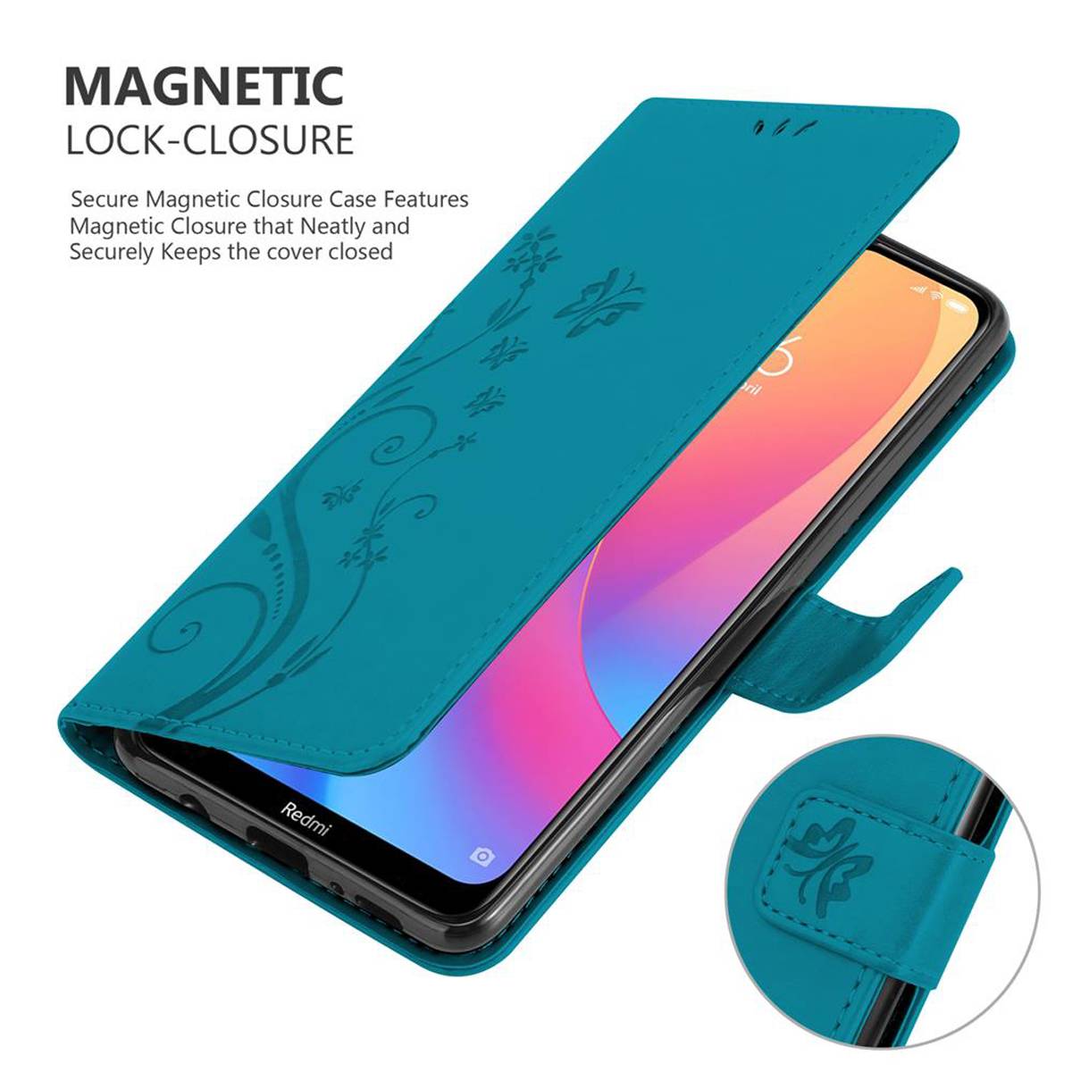 Cadorabo Hülle für Xiaomi RedMi 8A Schutz Hülle in Blau Schutzhülle Handy Hülle Etui Case Blumen Flower