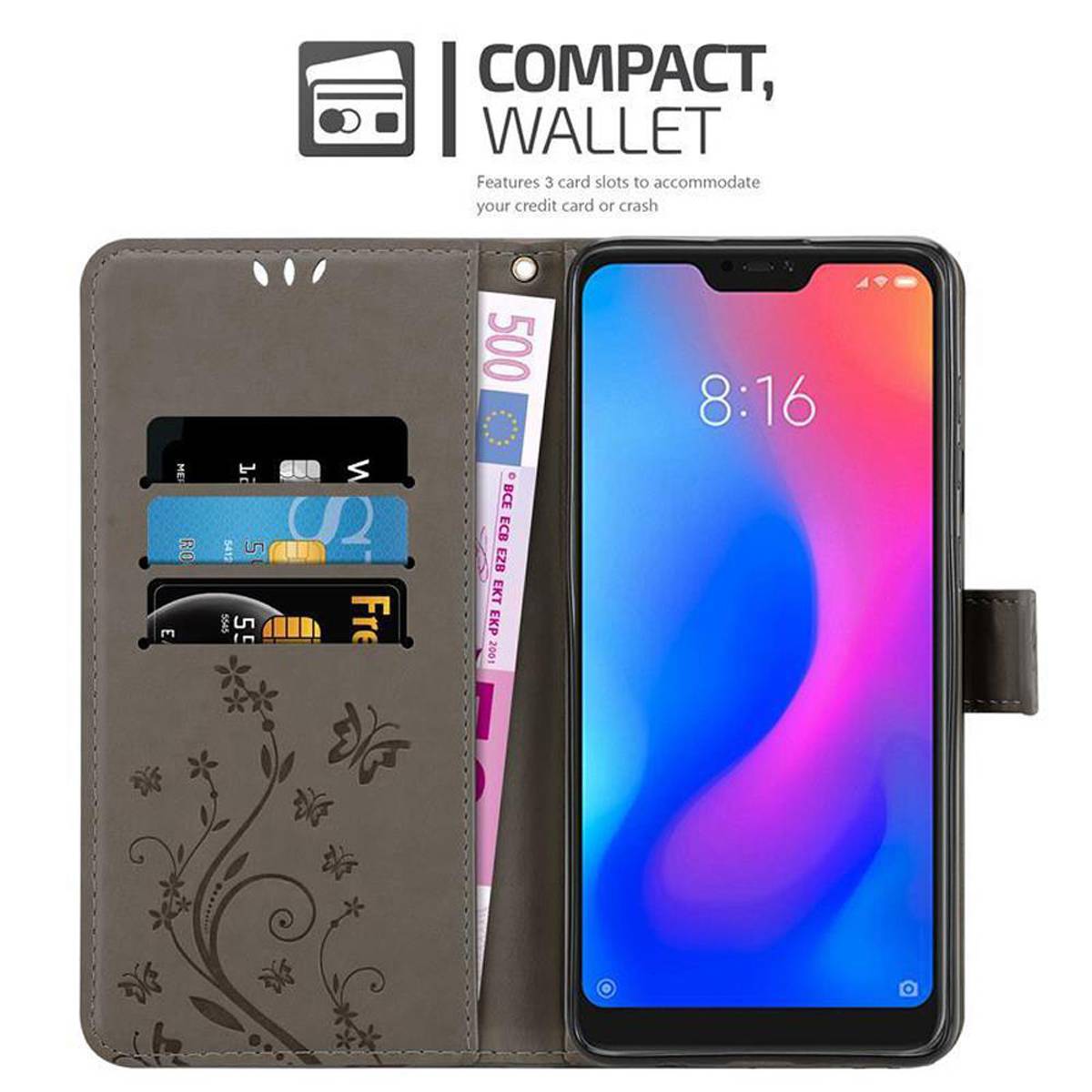 Cadorabo Hülle für Xiaomi RedMi NOTE 6 PRO Schutz Hülle in Grau Schutzhülle Handy Hülle Etui Case Blumen Flower