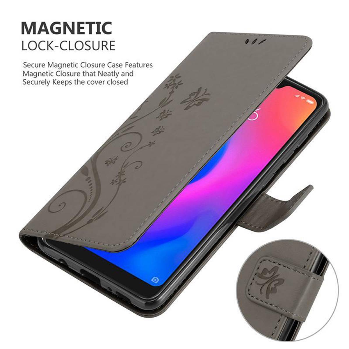 Cadorabo Hülle für Xiaomi RedMi NOTE 6 PRO Schutz Hülle in Grau Schutzhülle Handy Hülle Etui Case Blumen Flower