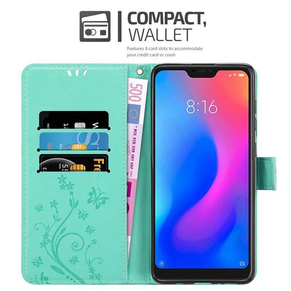 Cadorabo Hülle für Xiaomi RedMi NOTE 6 PRO Schutz Hülle in Türkis Schutzhülle Handy Hülle Etui Case Blumen Flower