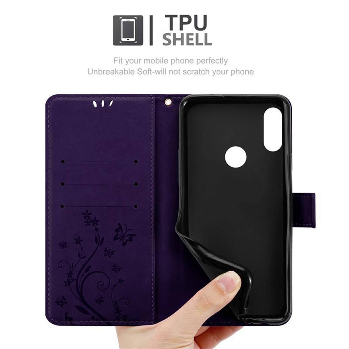 Cadorabo Hülle für Xiaomi RedMi NOTE 7 Schutz Hülle in Lila Schutzhülle Handy Hülle Etui Case Blumen Flower