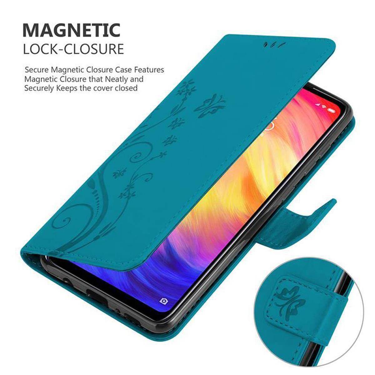 Cadorabo Hülle für Xiaomi RedMi NOTE 7 Schutz Hülle in Blau Schutzhülle Handy Hülle Etui Case Blumen Flower