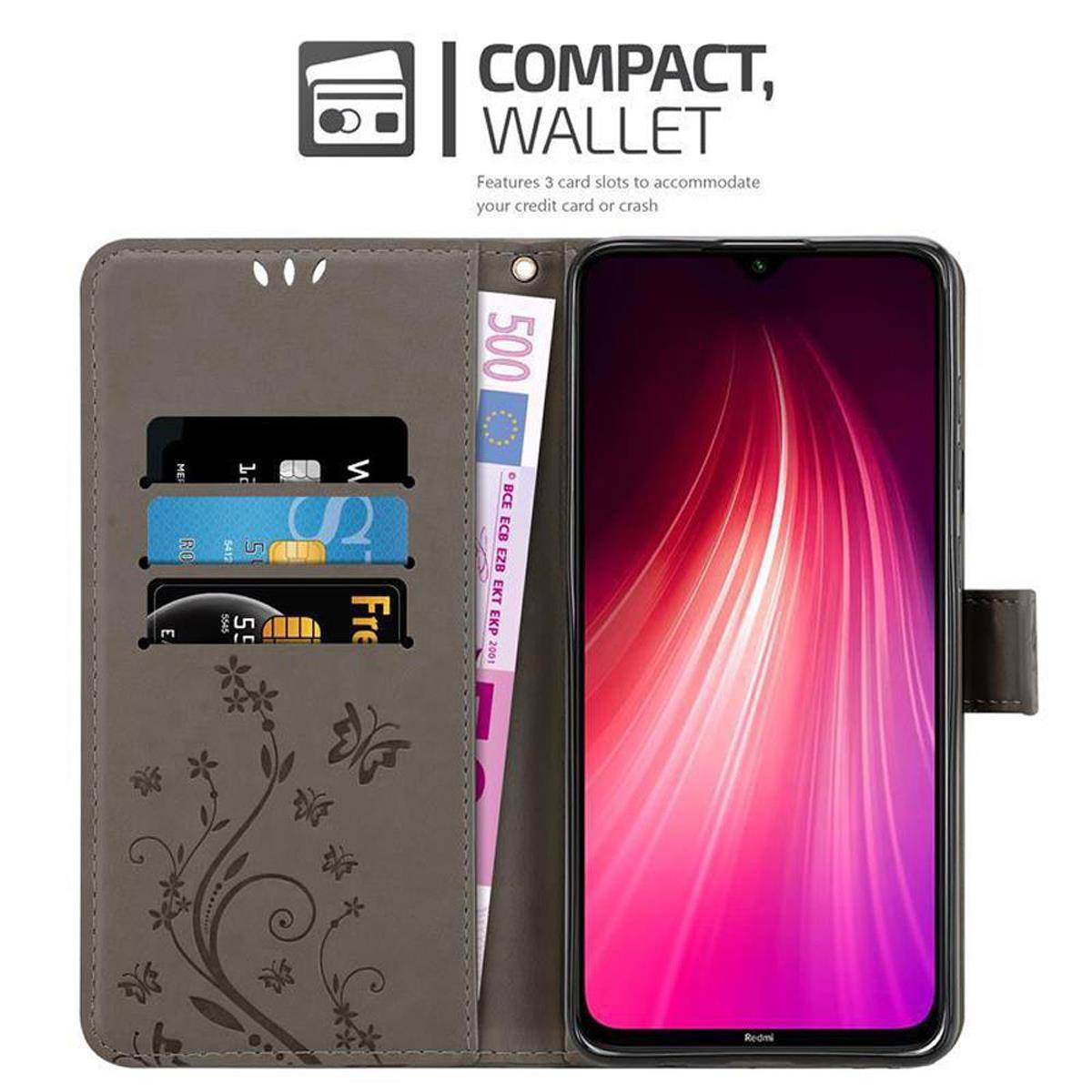 Cadorabo Hülle für Xiaomi RedMi NOTE 8 Schutz Hülle in Grau Schutzhülle Handy Hülle Etui Case Blumen Flower