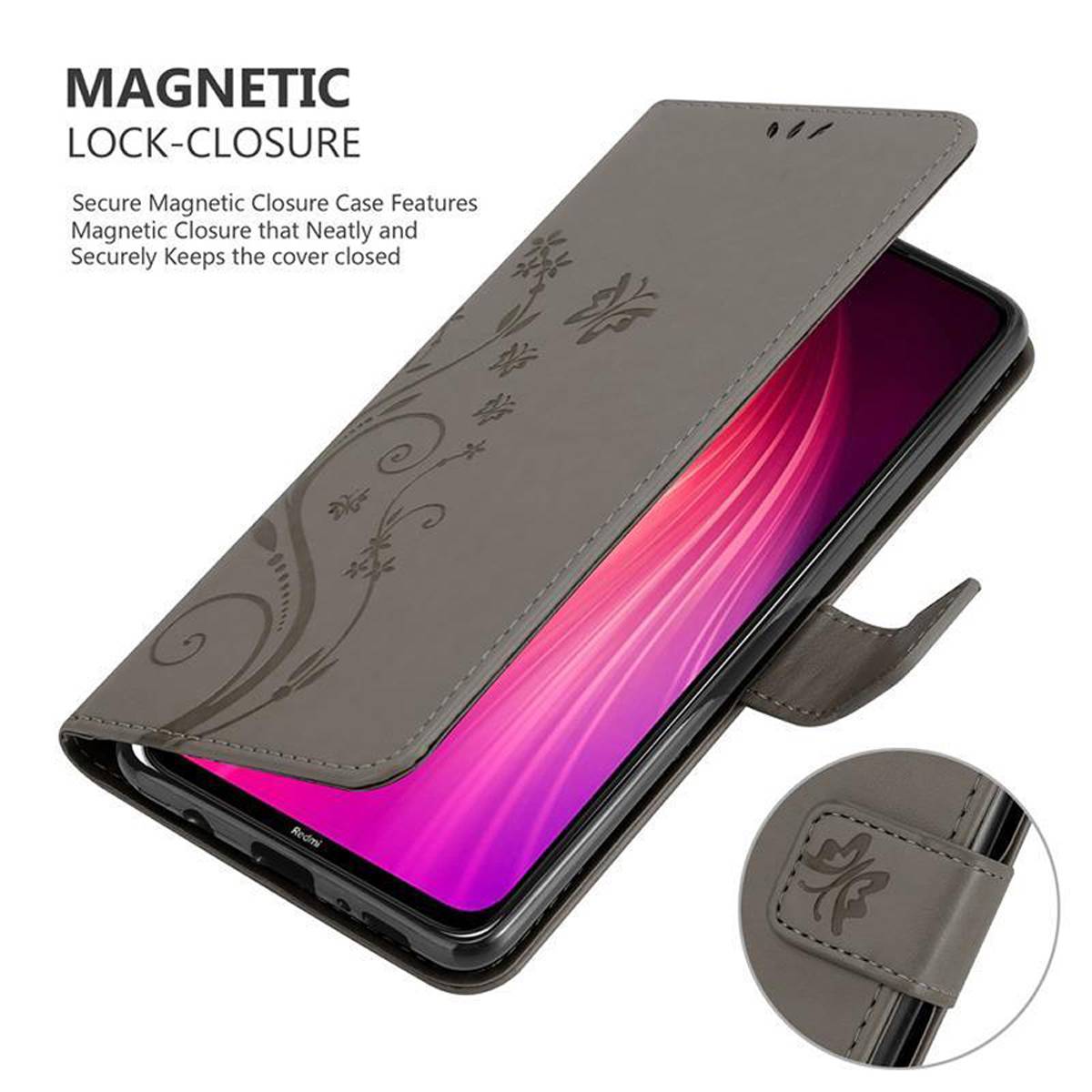 Cadorabo Hülle für Xiaomi RedMi NOTE 8 Schutz Hülle in Grau Schutzhülle Handy Hülle Etui Case Blumen Flower