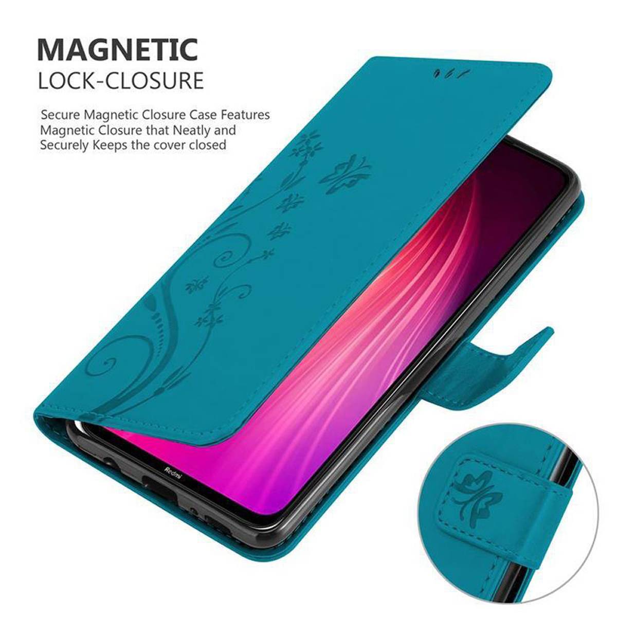 Cadorabo Hülle für Xiaomi RedMi NOTE 8 Schutz Hülle in Blau Schutzhülle Handy Hülle Etui Case Blumen Flower