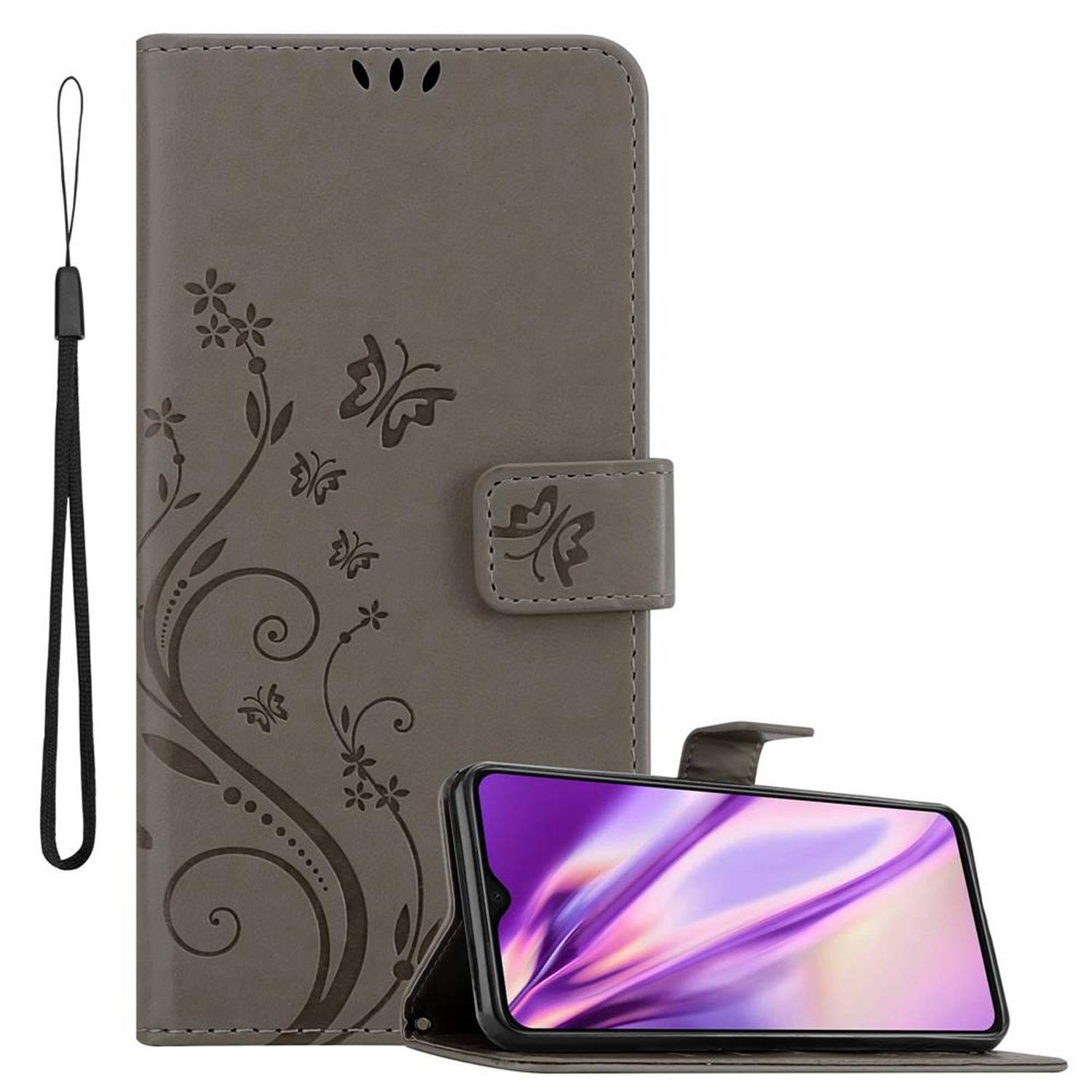 Cadorabo Hülle für Xiaomi RedMi NOTE 8 PRO Schutz Hülle in Grau Schutzhülle Handy Hülle Etui Case Blumen Flower