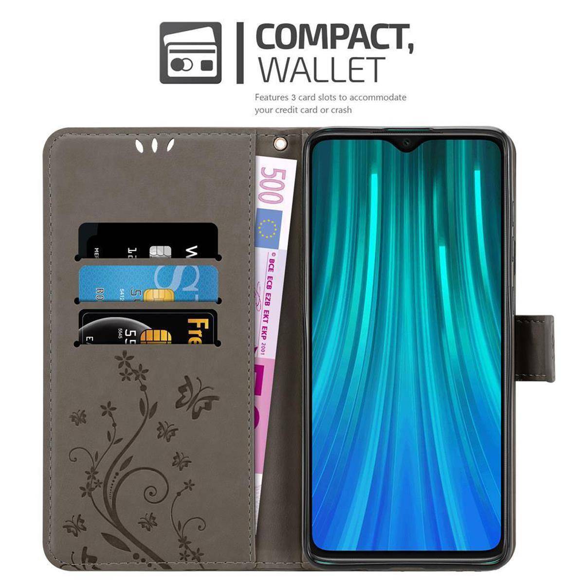 Cadorabo Hülle für Xiaomi RedMi NOTE 8 PRO Schutz Hülle in Grau Schutzhülle Handy Hülle Etui Case Blumen Flower