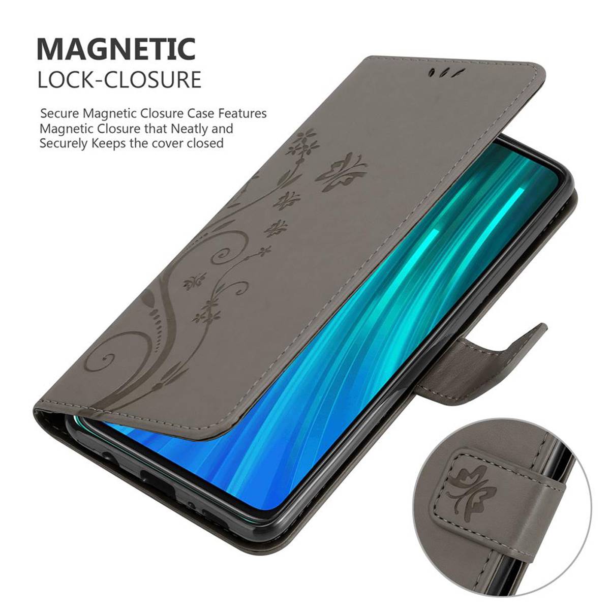 Cadorabo Hülle für Xiaomi RedMi NOTE 8 PRO Schutz Hülle in Grau Schutzhülle Handy Hülle Etui Case Blumen Flower