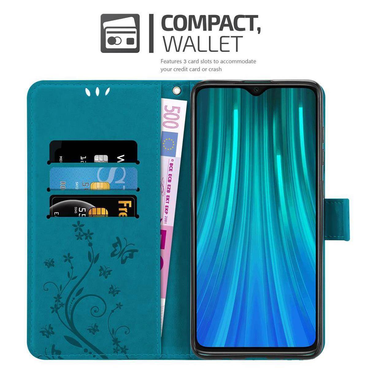 Cadorabo Hülle für Xiaomi RedMi NOTE 8 PRO Schutz Hülle in Blau Schutzhülle Handy Hülle Etui Case Blumen Flower