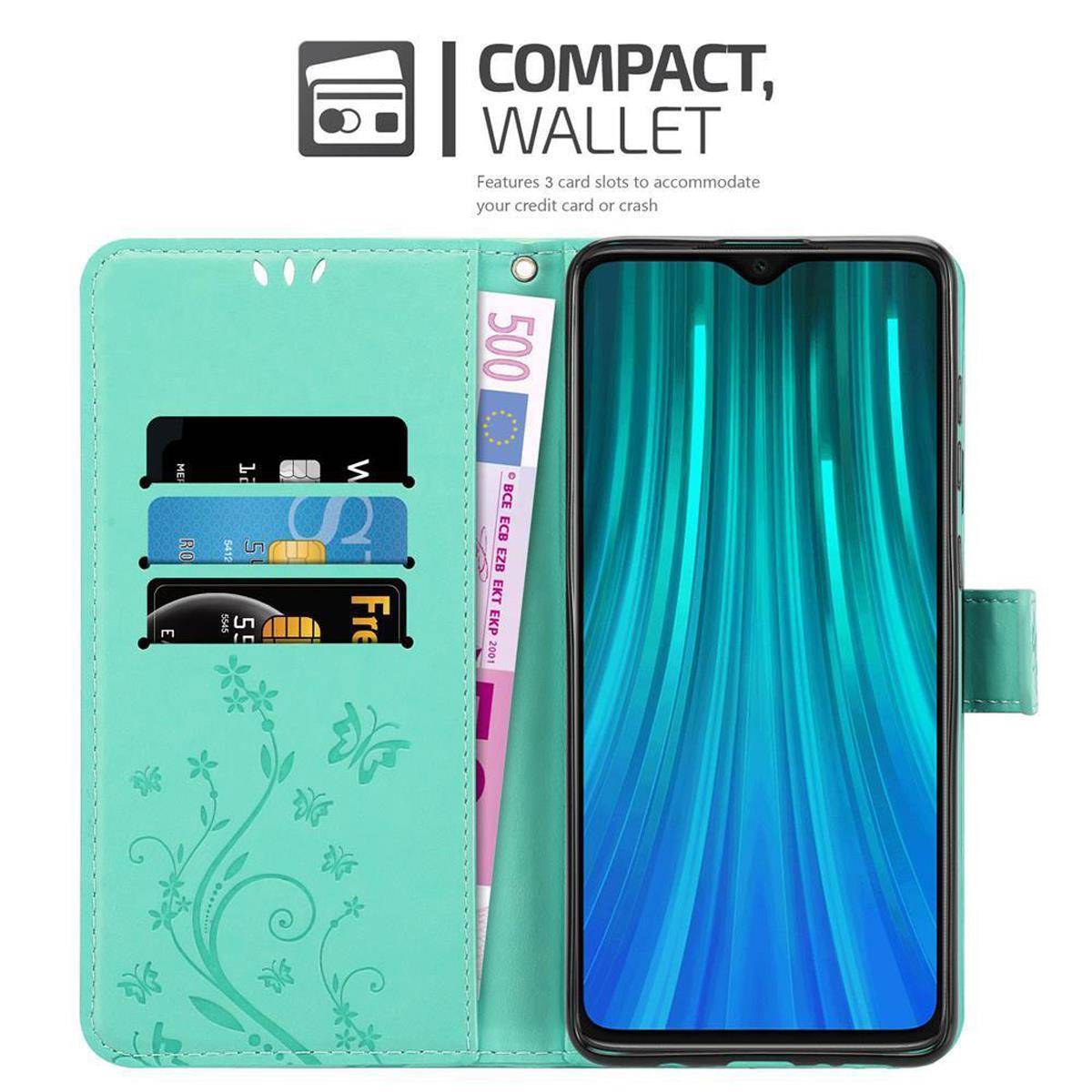 Cadorabo Hülle für Xiaomi RedMi NOTE 8 PRO Schutz Hülle in Türkis Schutzhülle Handy Hülle Etui Case Blumen Flower