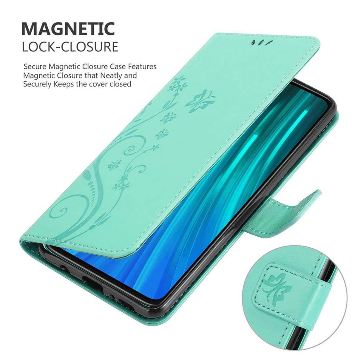 Cadorabo Hülle für Xiaomi RedMi NOTE 8 PRO Schutz Hülle in Türkis Schutzhülle Handy Hülle Etui Case Blumen Flower