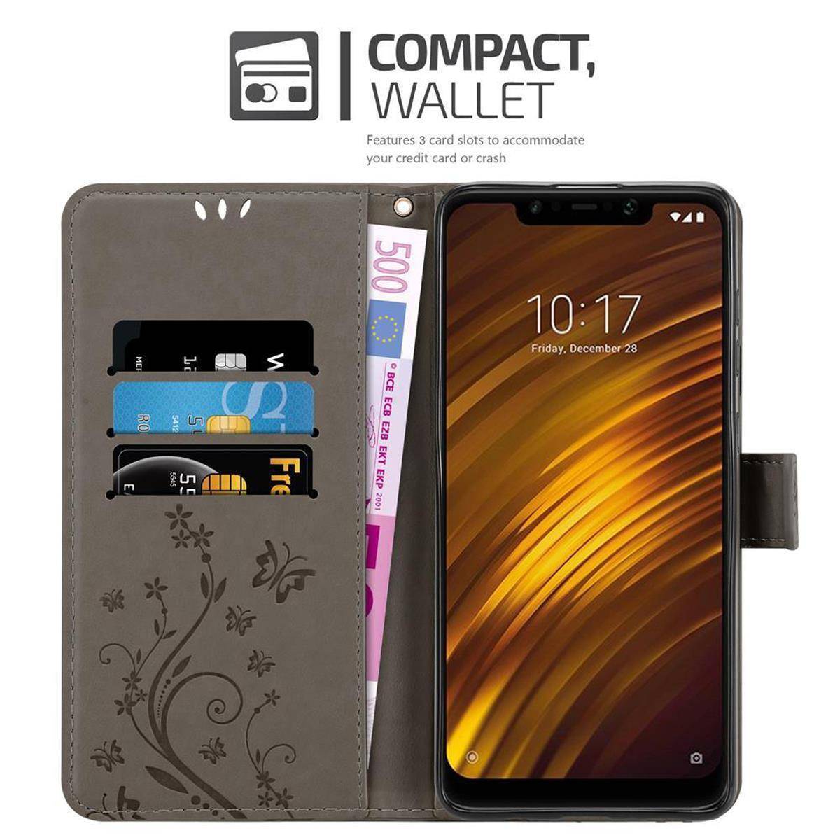 Cadorabo Hülle für Xiaomi Pocophone F1 Schutz Hülle in Grau Schutzhülle Handy Hülle Etui Case Blumen Flower