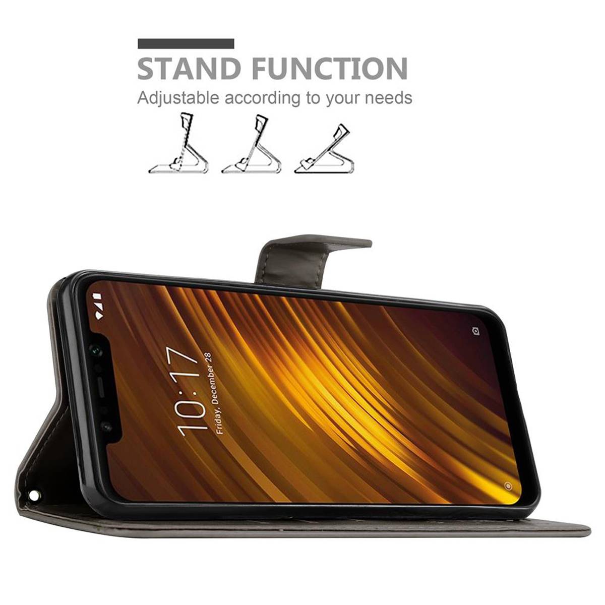 Cadorabo Hülle für Xiaomi Pocophone F1 Schutz Hülle in Grau Schutzhülle Handy Hülle Etui Case Blumen Flower