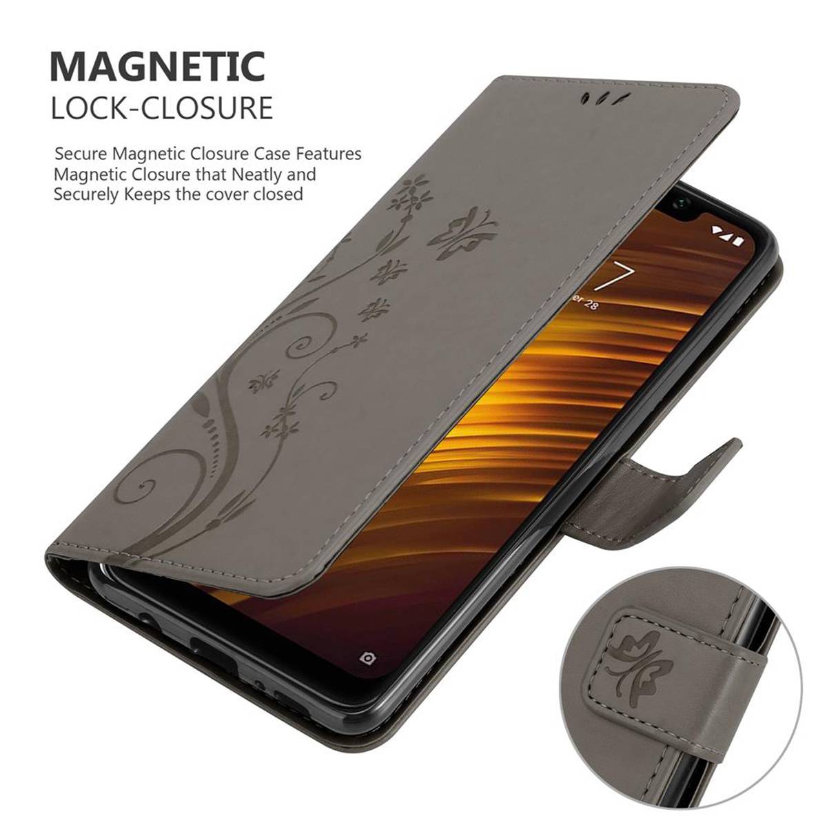 Cadorabo Hülle für Xiaomi Pocophone F1 Schutz Hülle in Grau Schutzhülle Handy Hülle Etui Case Blumen Flower
