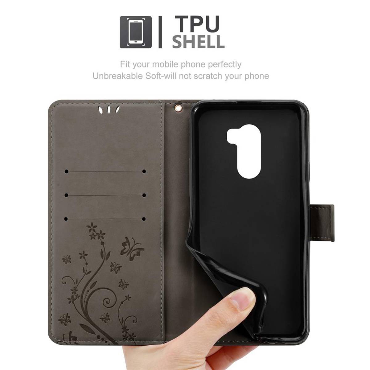 Cadorabo Hülle für Xiaomi Pocophone F1 Schutz Hülle in Grau Schutzhülle Handy Hülle Etui Case Blumen Flower