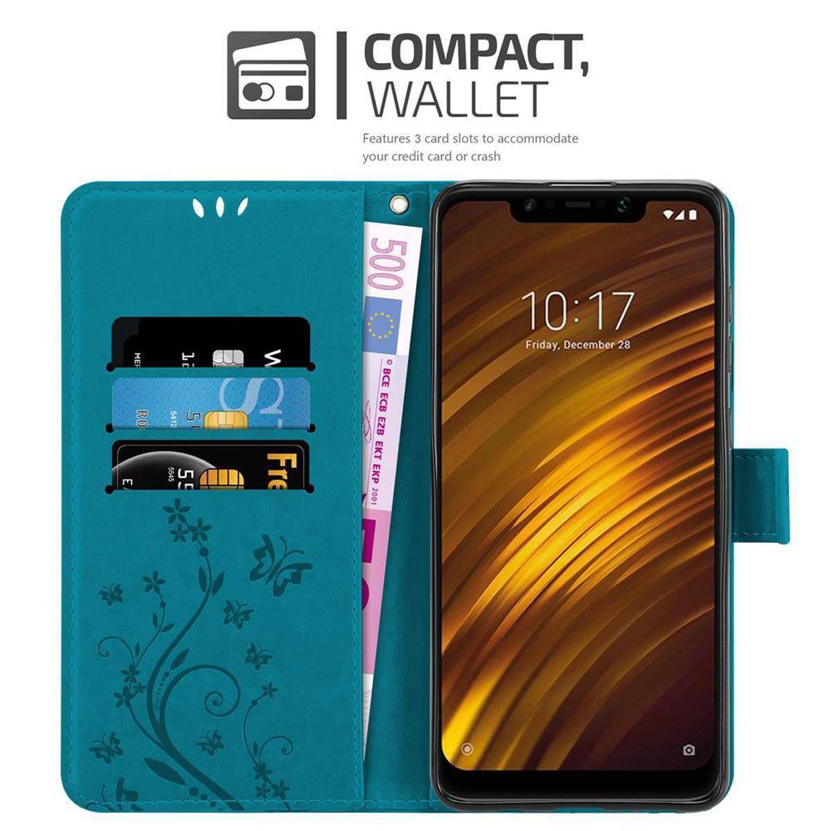 Cadorabo Hülle für Xiaomi Pocophone F1 Schutz Hülle in Blau Schutzhülle Handy Hülle Etui Case Blumen Flower