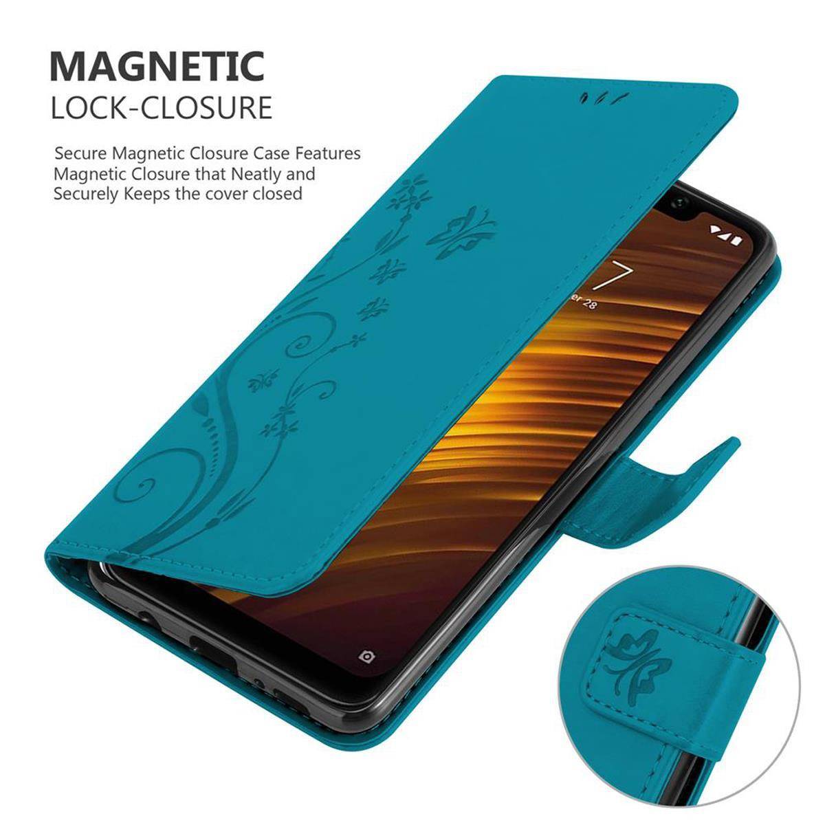 Cadorabo Hülle für Xiaomi Pocophone F1 Schutz Hülle in Blau Schutzhülle Handy Hülle Etui Case Blumen Flower