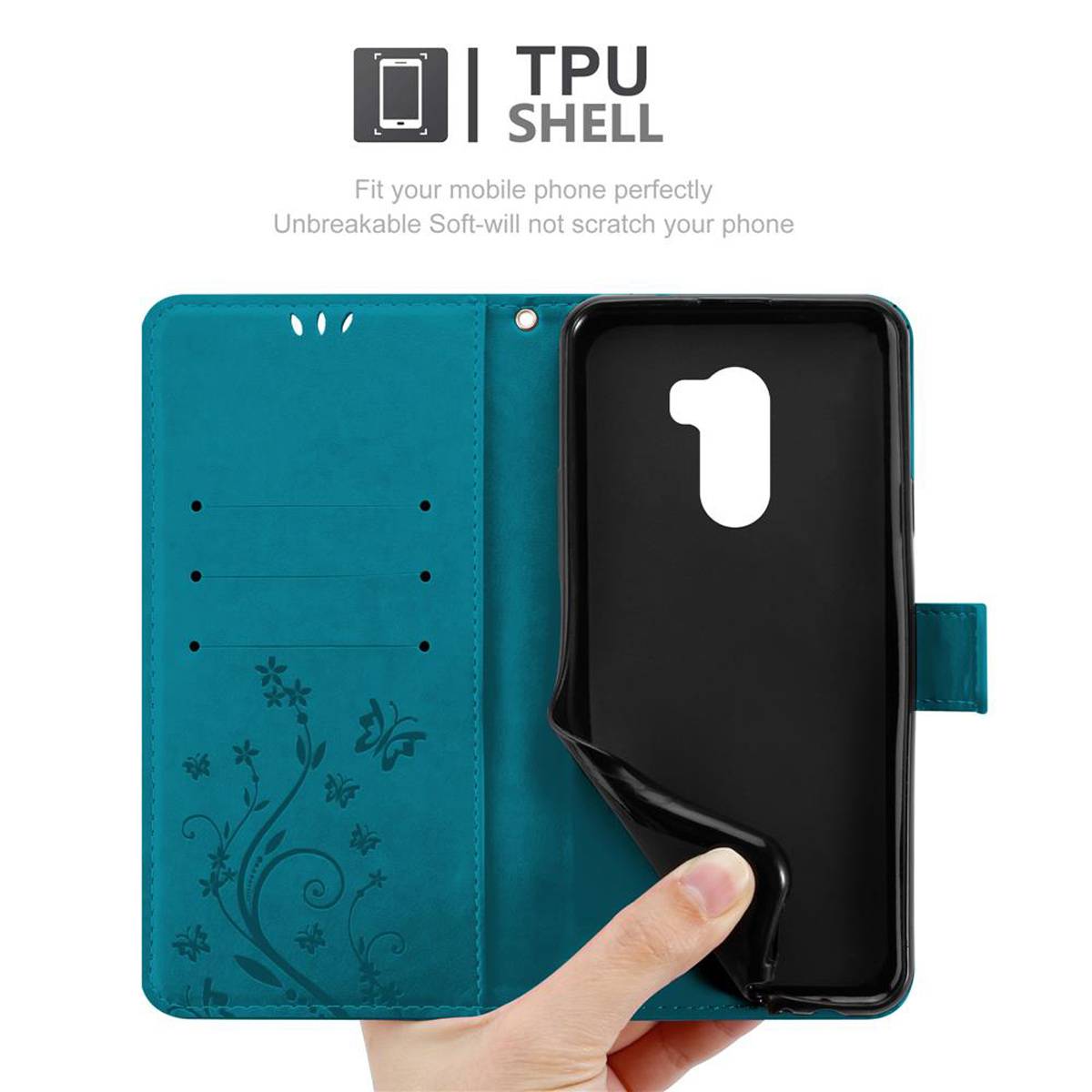 Cadorabo Hülle für Xiaomi Pocophone F1 Schutz Hülle in Blau Schutzhülle Handy Hülle Etui Case Blumen Flower