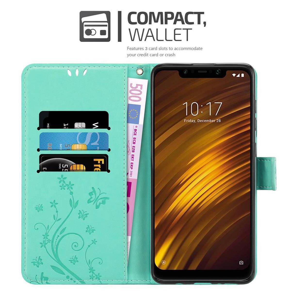Cadorabo Hülle für Xiaomi Pocophone F1 Schutz Hülle in Türkis Schutzhülle Handy Hülle Etui Case Blumen Flower