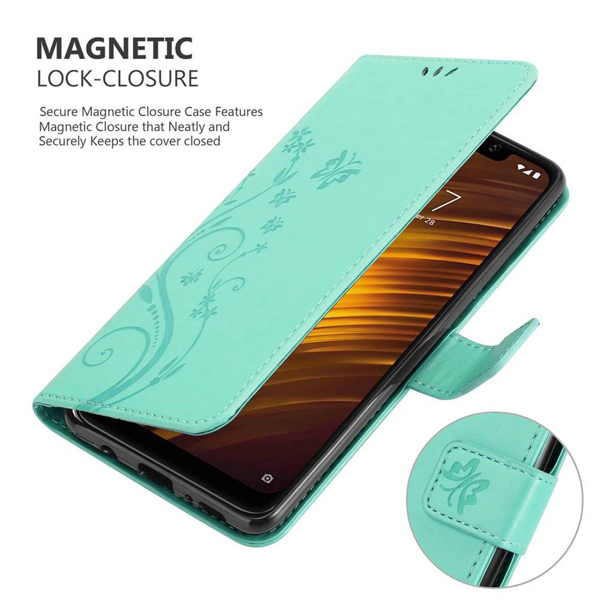 Cadorabo Hülle für Xiaomi Pocophone F1 Schutz Hülle in Türkis Schutzhülle Handy Hülle Etui Case Blumen Flower