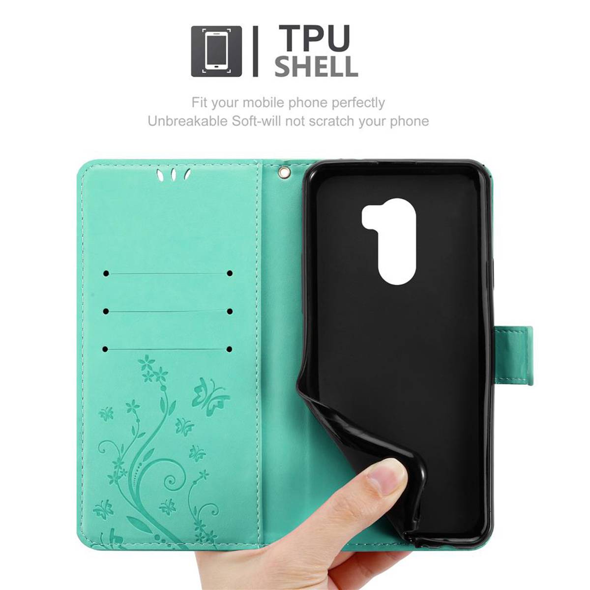 Cadorabo Hülle für Xiaomi Pocophone F1 Schutz Hülle in Türkis Schutzhülle Handy Hülle Etui Case Blumen Flower