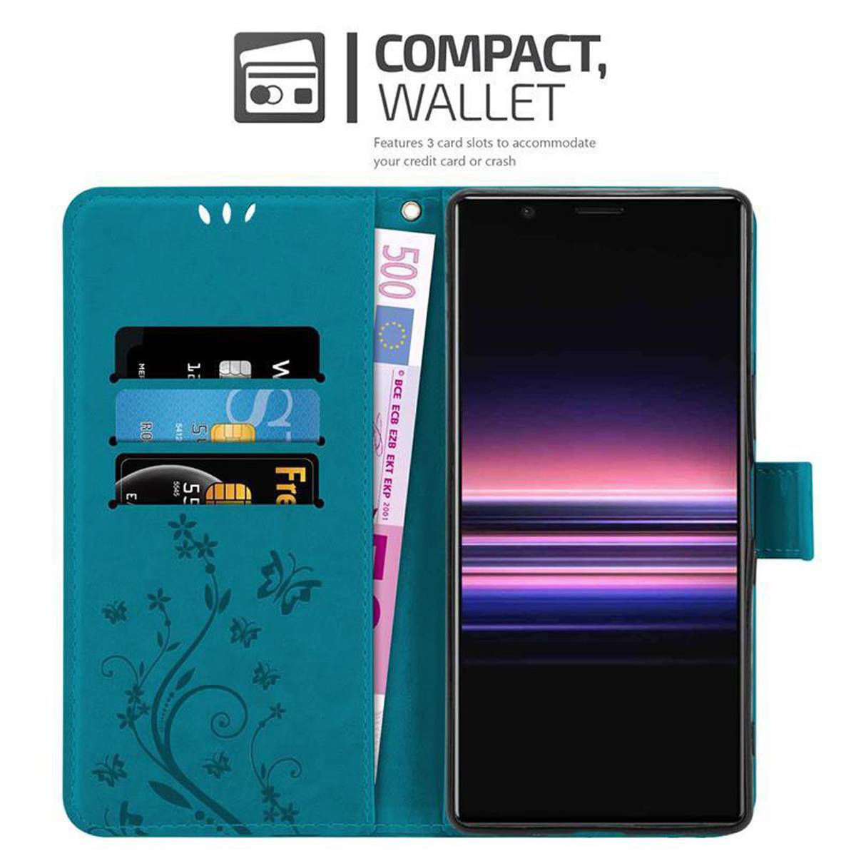 Cadorabo Hülle für Sony Xperia 5 Schutz Hülle in Blau Schutzhülle Handy Hülle Etui Case Blumen Flower