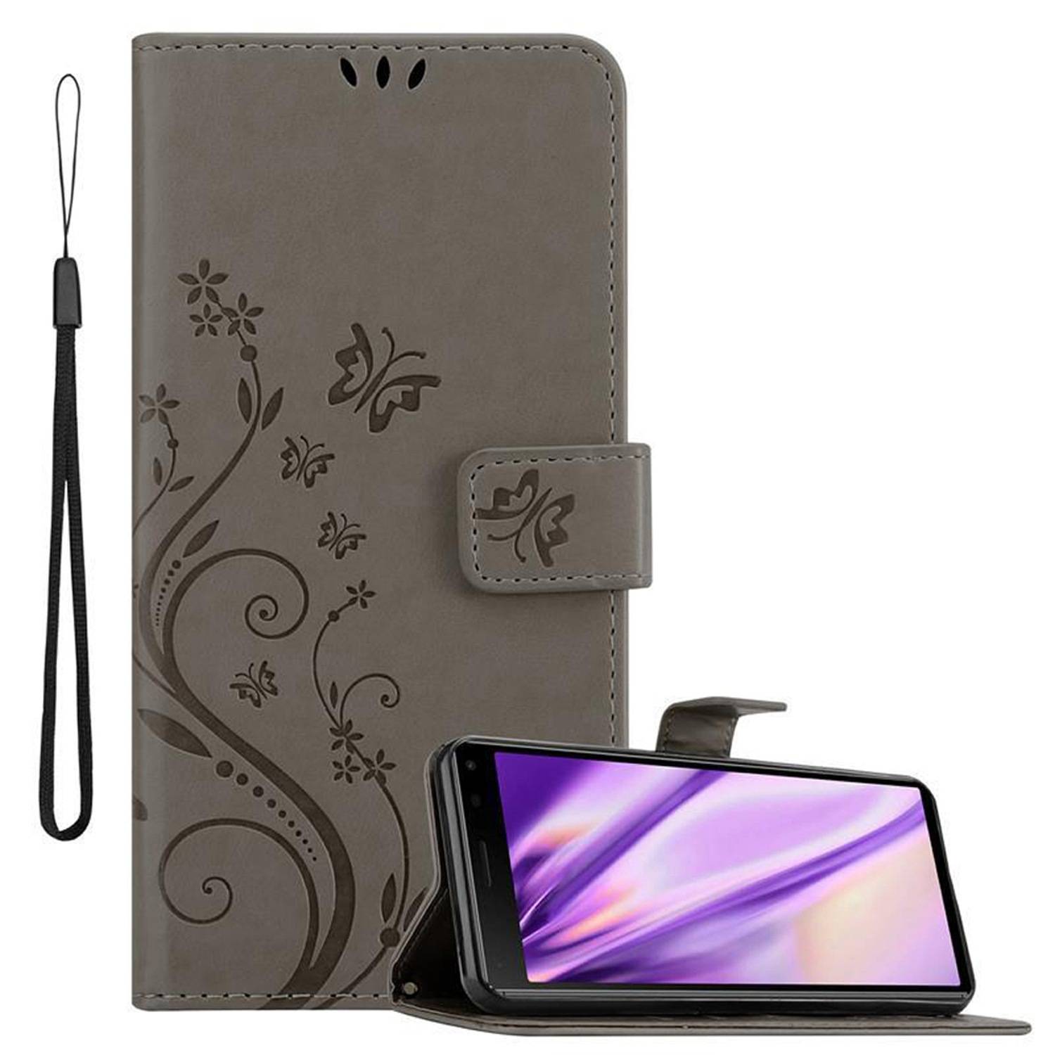 Cadorabo Hülle für Sony Xperia 8 Schutz Hülle in Grau Schutzhülle Handy Hülle Etui Case Blumen Flower