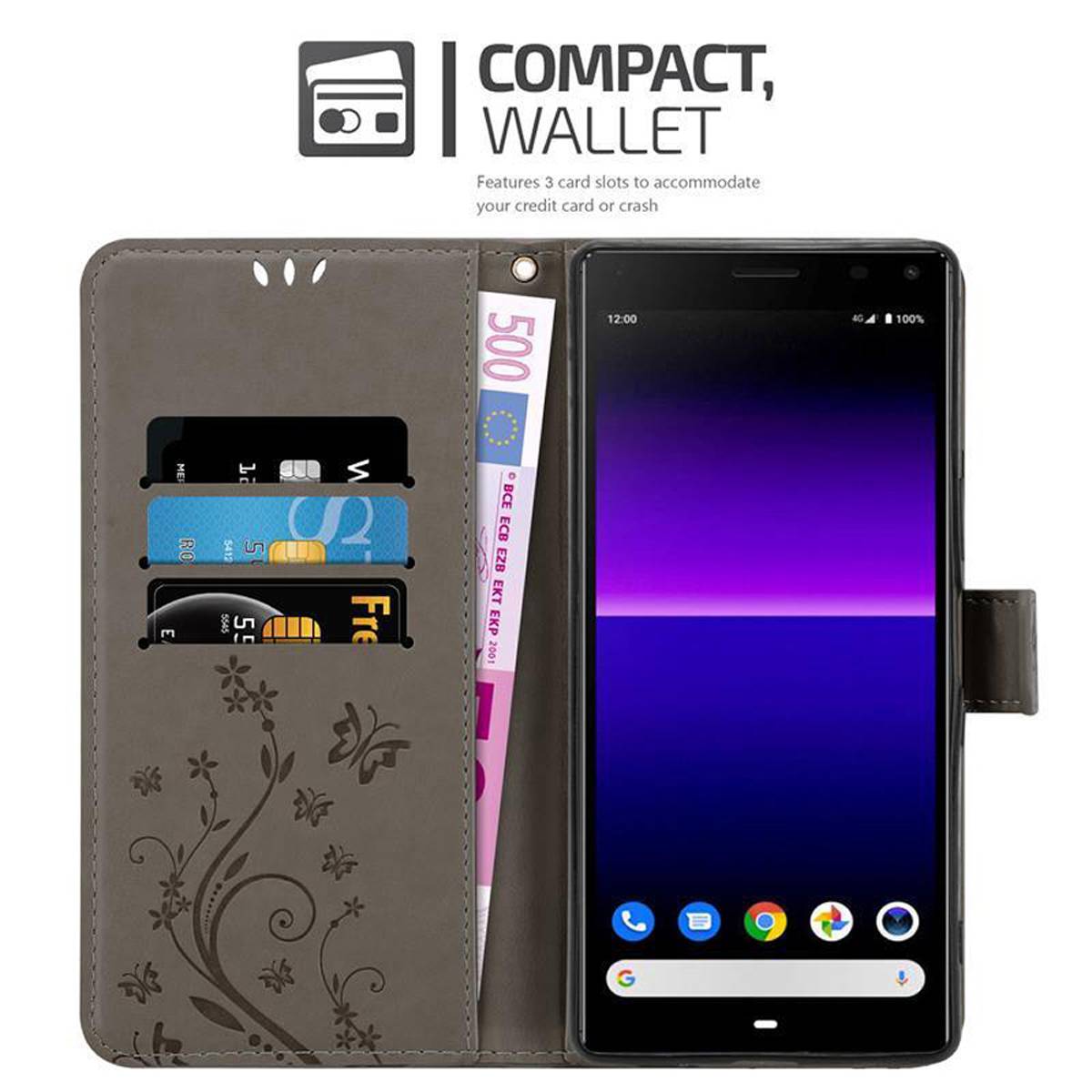 Cadorabo Hülle für Sony Xperia 8 Schutz Hülle in Grau Schutzhülle Handy Hülle Etui Case Blumen Flower