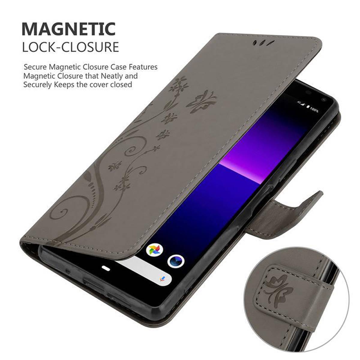Cadorabo Hülle für Sony Xperia 8 Schutz Hülle in Grau Schutzhülle Handy Hülle Etui Case Blumen Flower