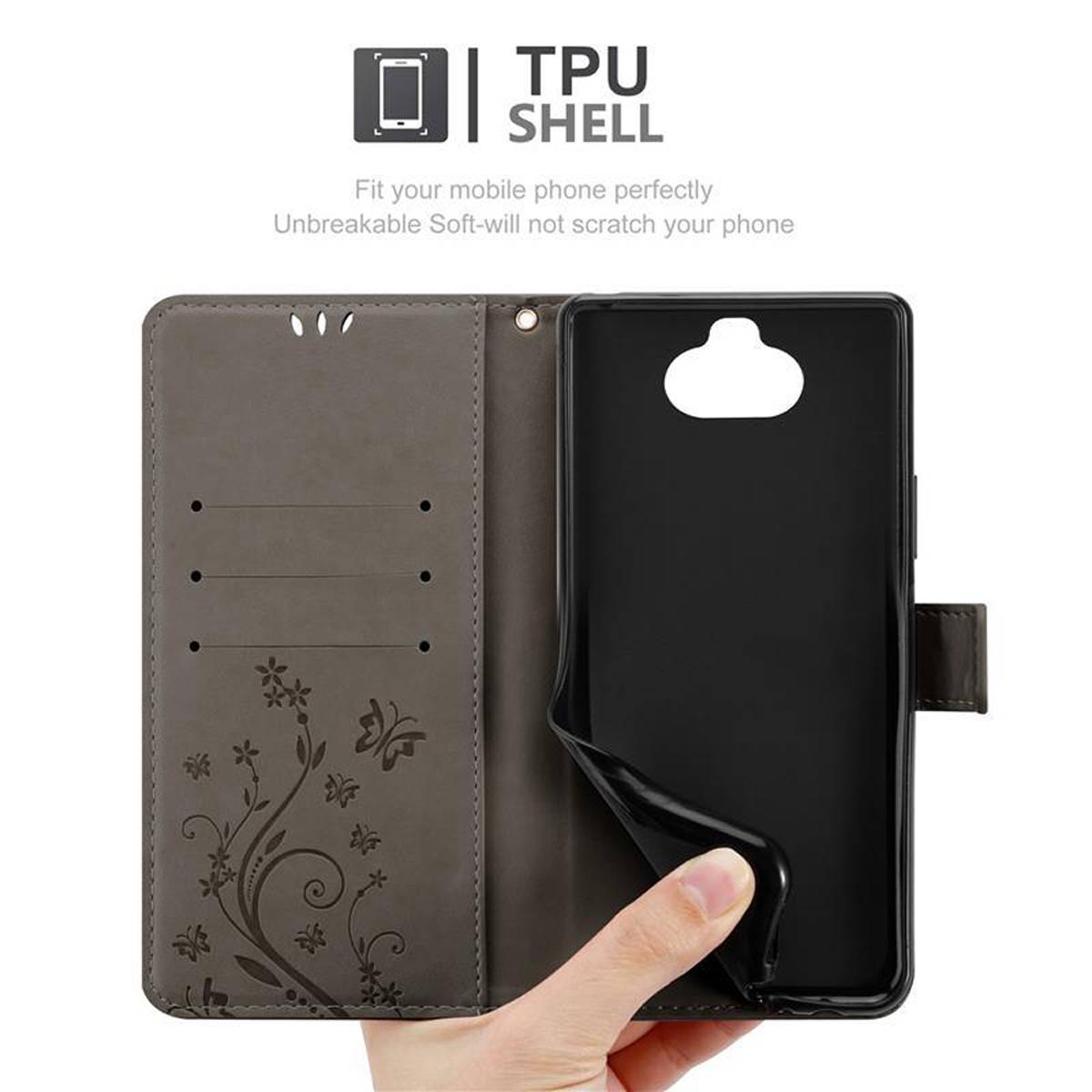 Cadorabo Hülle für Sony Xperia 8 Schutz Hülle in Grau Schutzhülle Handy Hülle Etui Case Blumen Flower