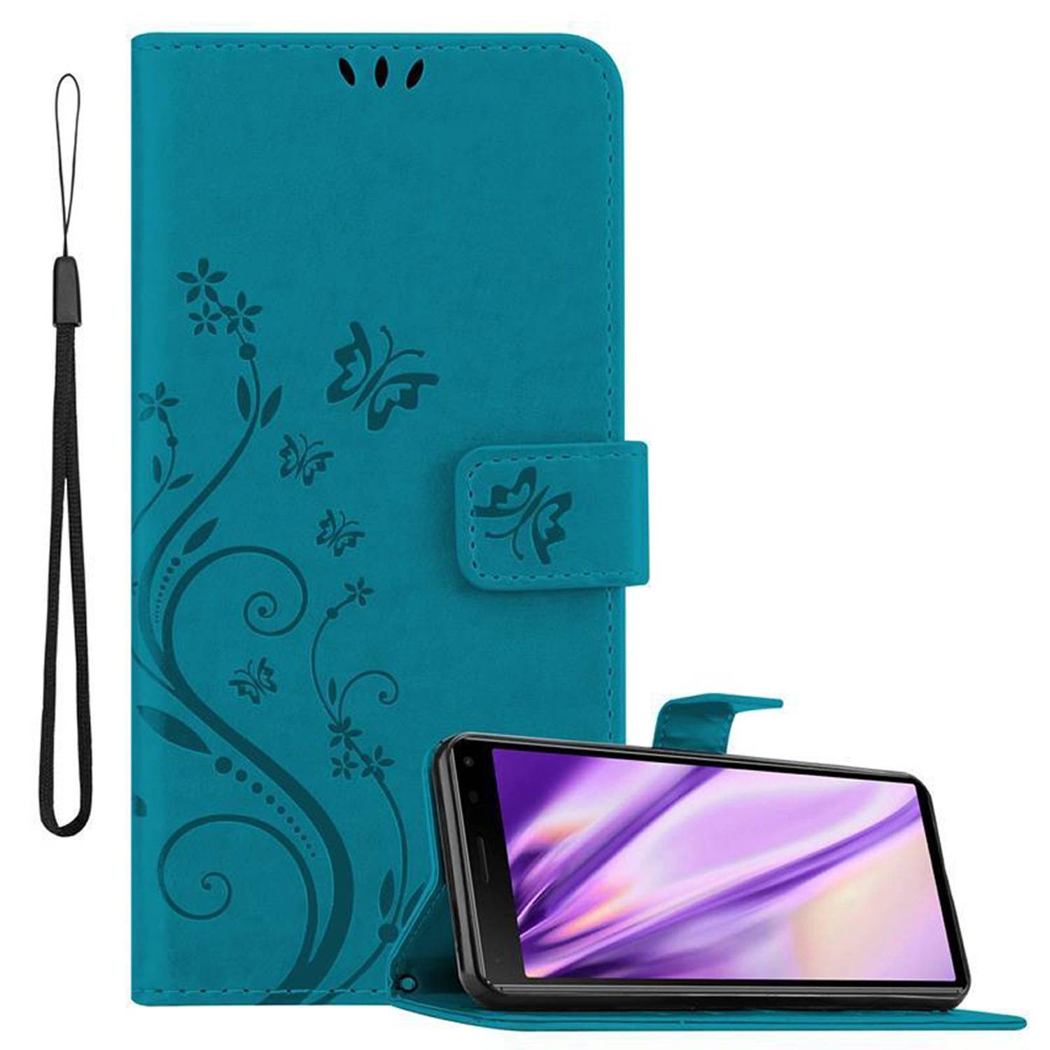 Cadorabo Hülle für Sony Xperia 8 Schutz Hülle in Blau Schutzhülle Handy Hülle Etui Case Blumen Flower