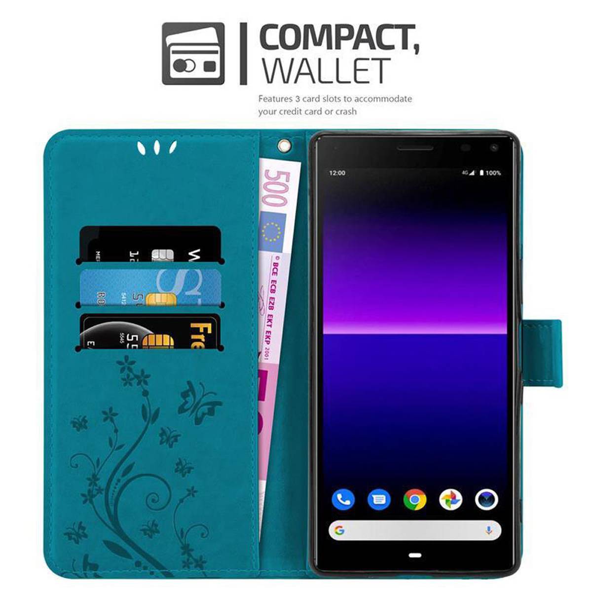 Cadorabo Hülle für Sony Xperia 8 Schutz Hülle in Blau Schutzhülle Handy Hülle Etui Case Blumen Flower